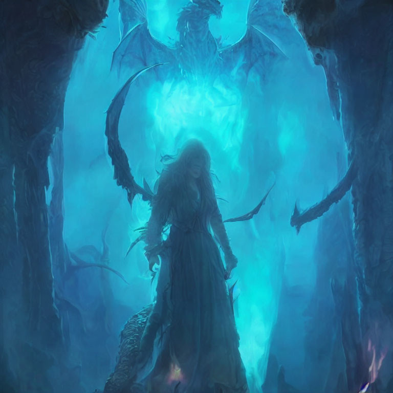Mystical figure with glowing orb and dragon in shadowy realm