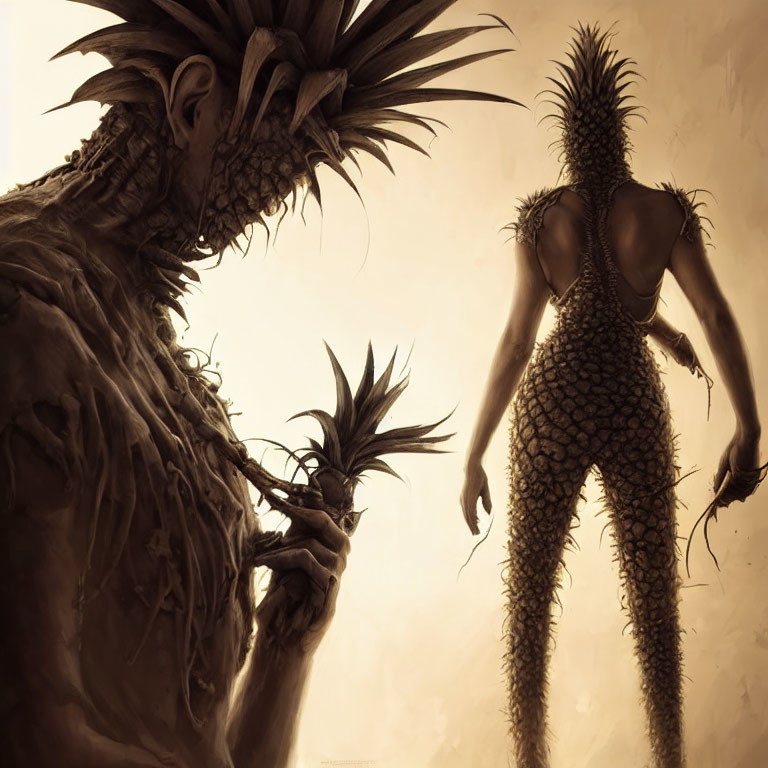 Humanoid Figures with Pineapple-Like Textures in Monochromatic Colors