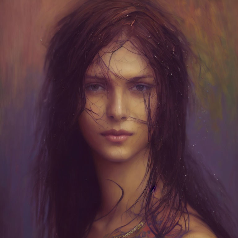 Intense gaze portrait with wet hair and blurred background