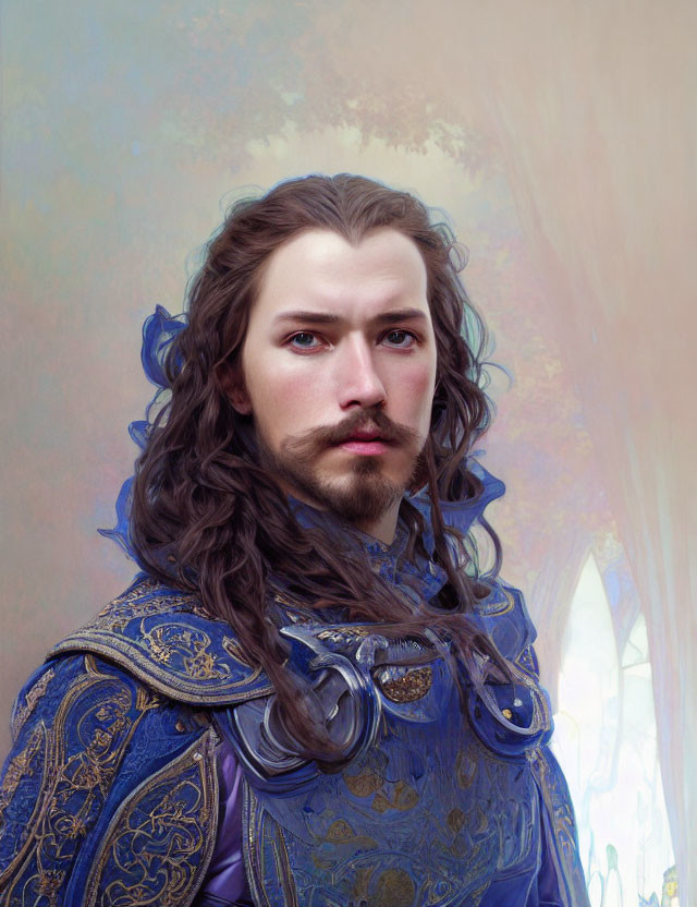 Man with Long Wavy Hair in Blue Medieval Armor