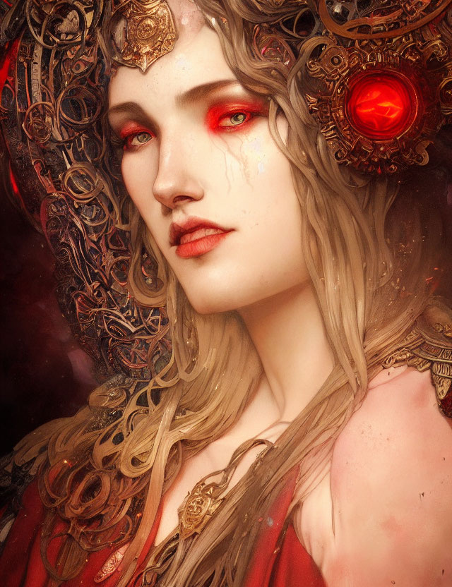 Portrait of Woman with Ornate Golden Headgear and Red Glowing Eyes