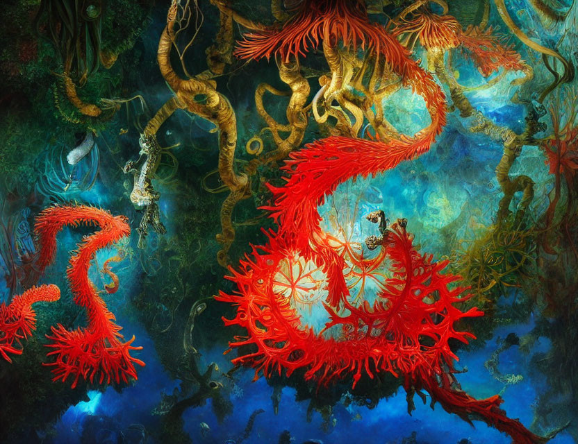 Colorful red sea creatures and dragon-like figure in mystical underwater setting.