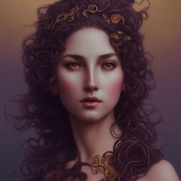 Digital portrait of woman with curly hair and golden ornaments in soft lighting.