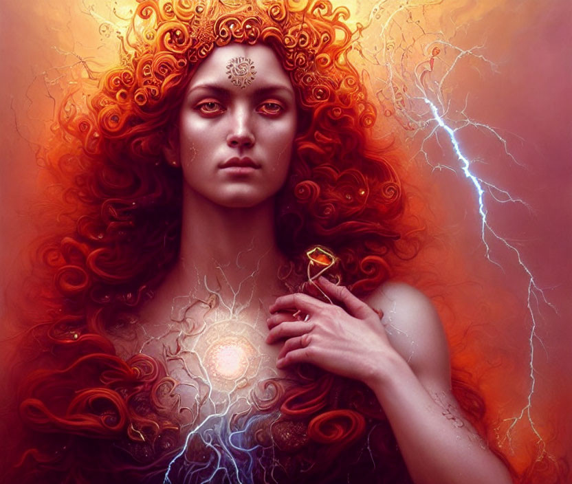 Radiant red-haired woman with decorative emblem in mystical setting