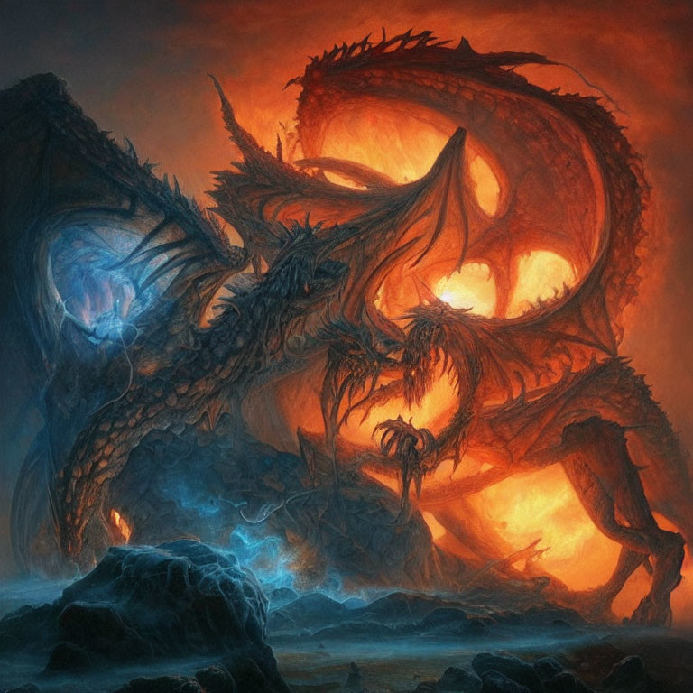 Majestic dragon in fiery backdrop with smaller dragons and arcane glow
