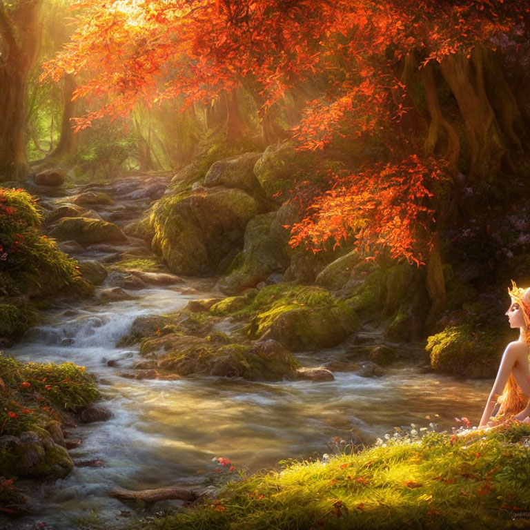Tranquil forest stream with person sitting among autumn leaves