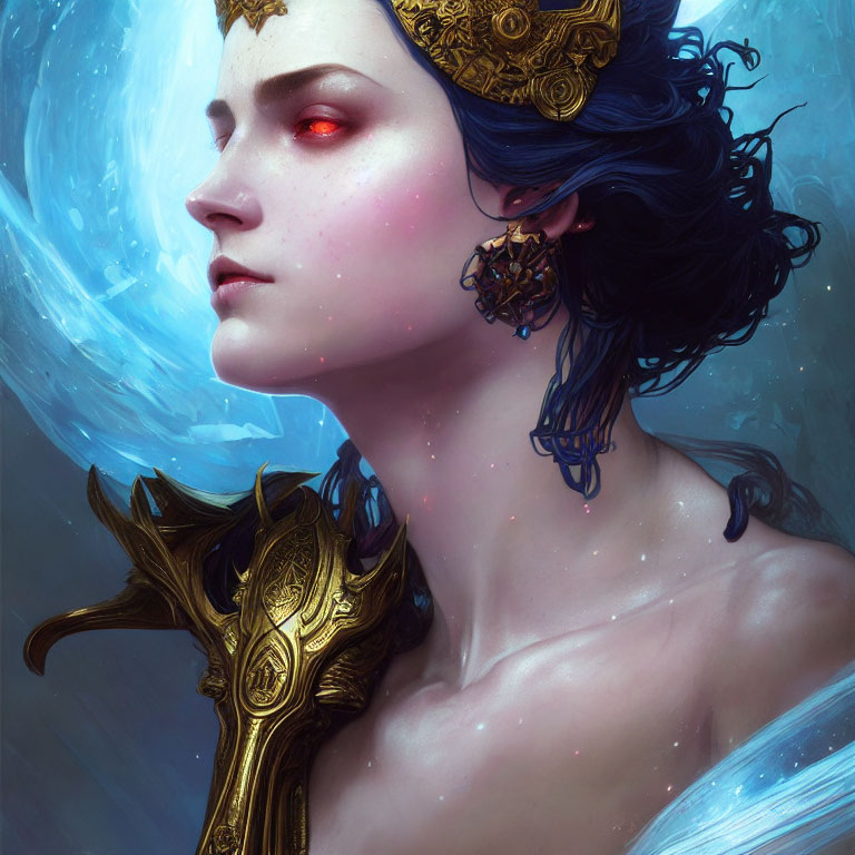 Fantasy illustration of woman with blue hair and gold armor