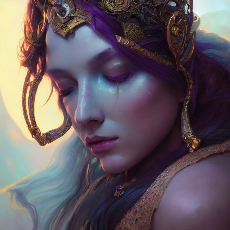 Character with Purple Hair and Golden Headdress in Ethereal Close-Up