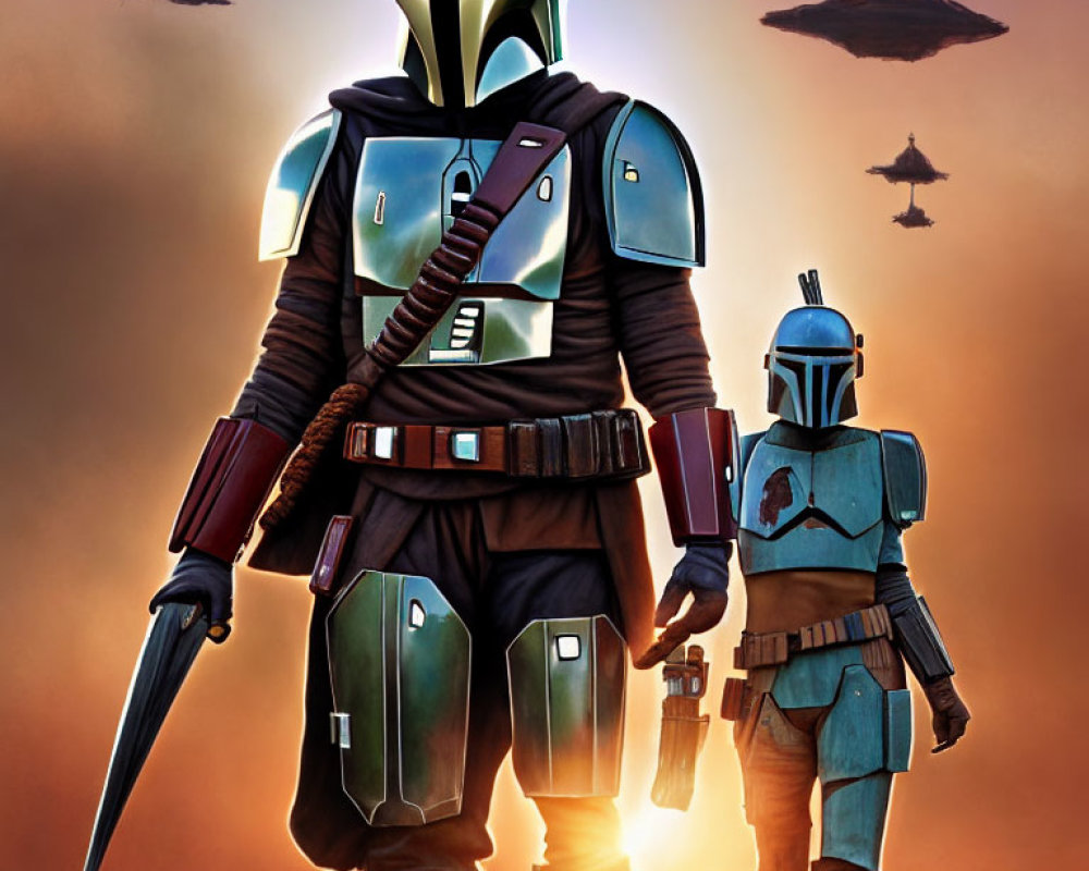 Armored figures resembling Mandalorian characters with sunset backdrop and flying ships