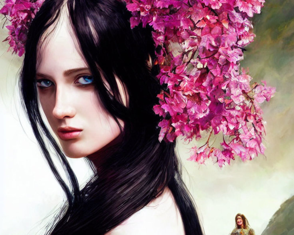 Woman with pale skin and dark hair adorned with pink blossoms, gazing intently with blurred figure
