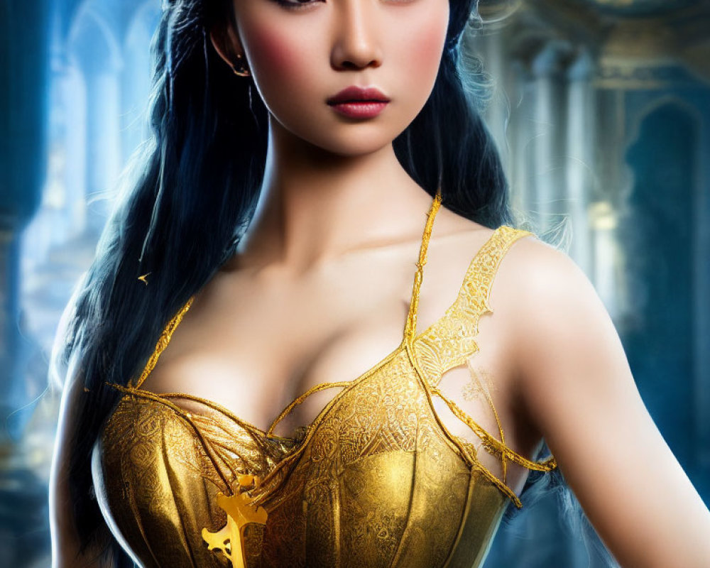 Digital Artwork: Asian Woman in Golden Dress with Luxurious Background