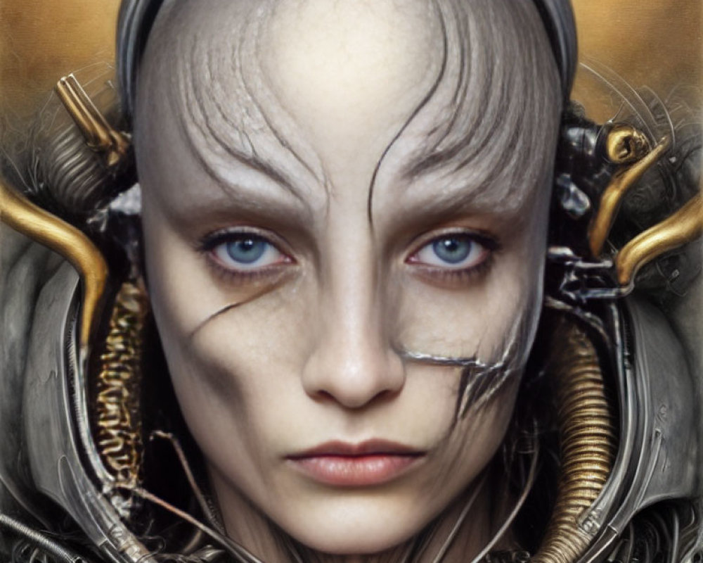 Humanoid robot portrait with lifelike female face and blue eyes blending organic and synthetic features.