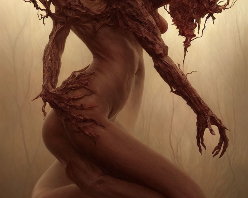 Surreal human figure intertwined with tree-like features in warm tones