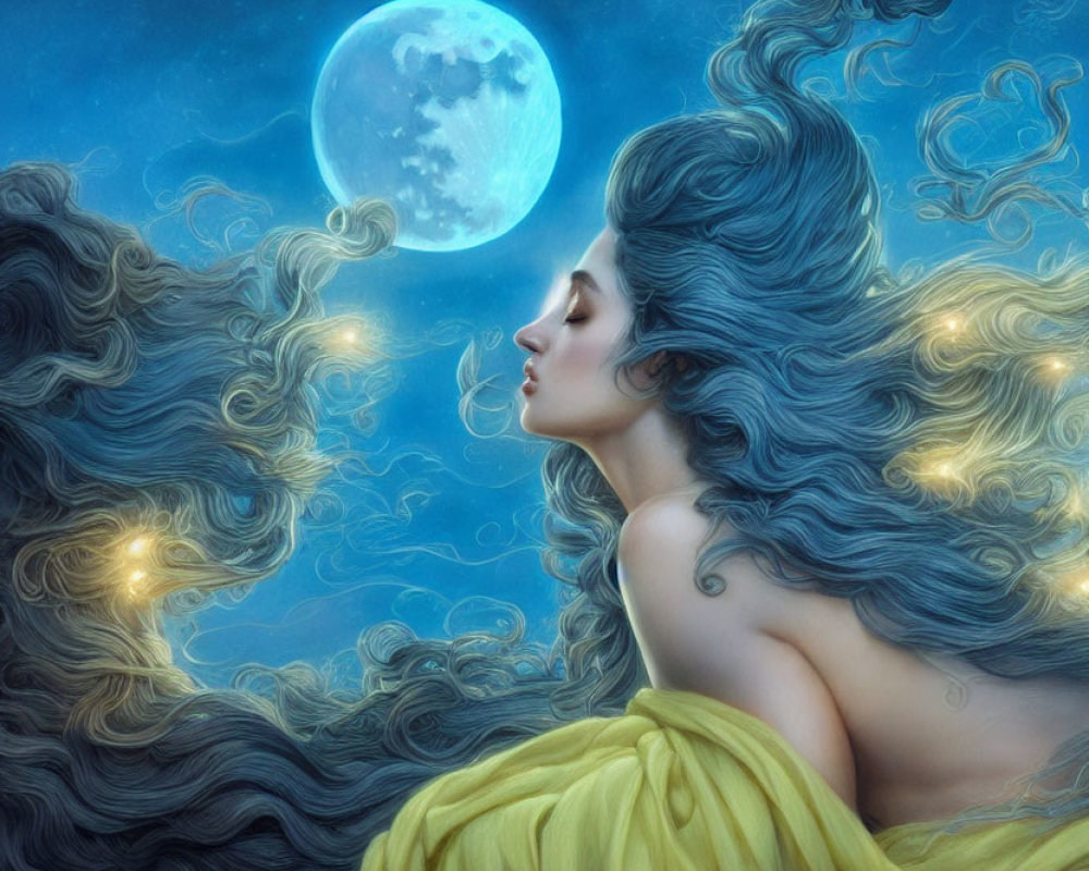 Fantasy art: Woman with flowing blue hair under full moon
