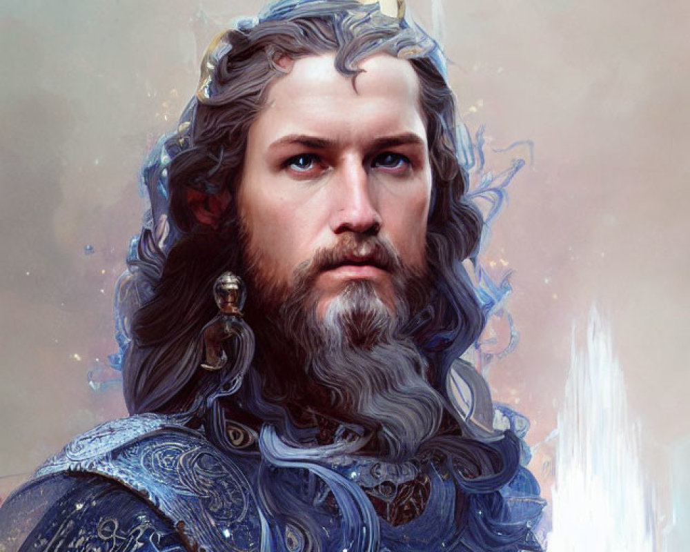Bearded figure in blue armor with crown and mystical light source