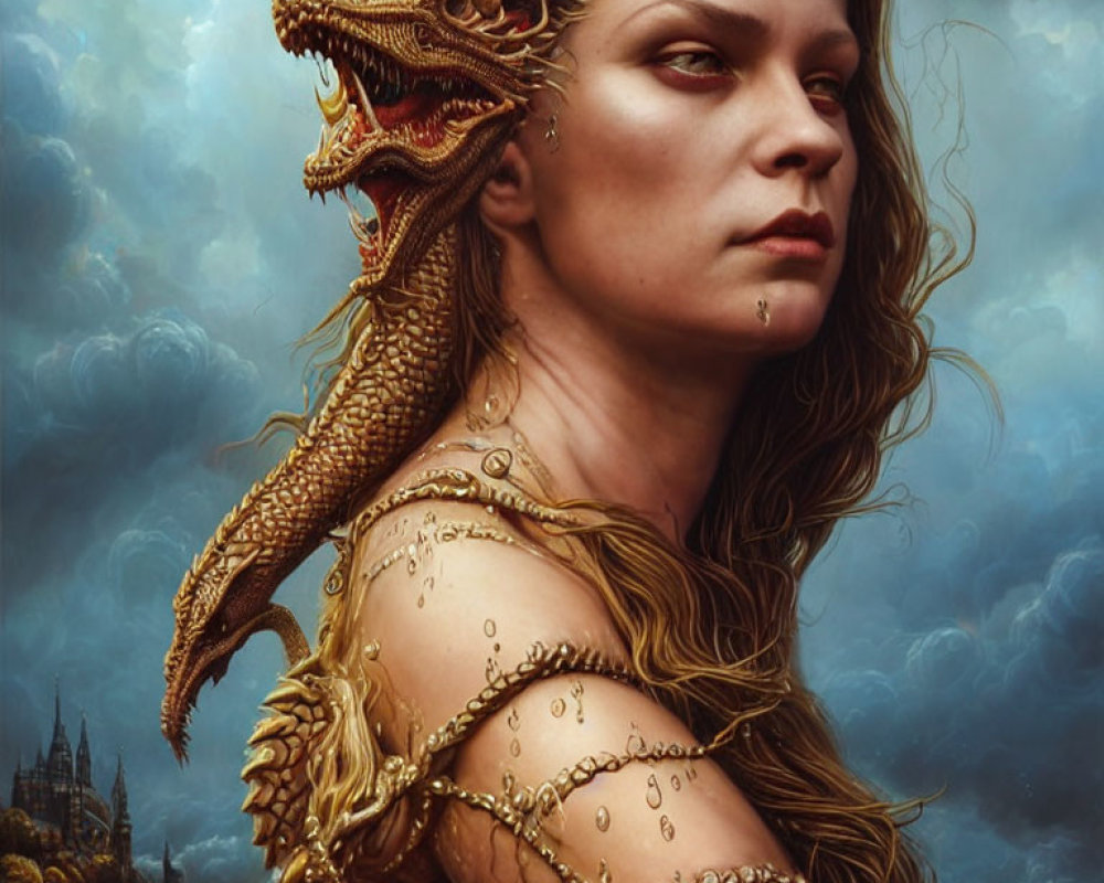 Detailed Image: Woman with Golden Dragon Tattoo in Stormy Sky