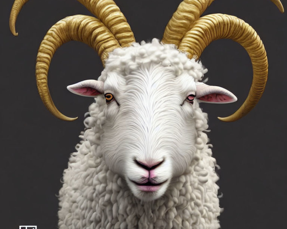 Digital image featuring sheep with large, twisted ram's horns and detailed face on grey backdrop