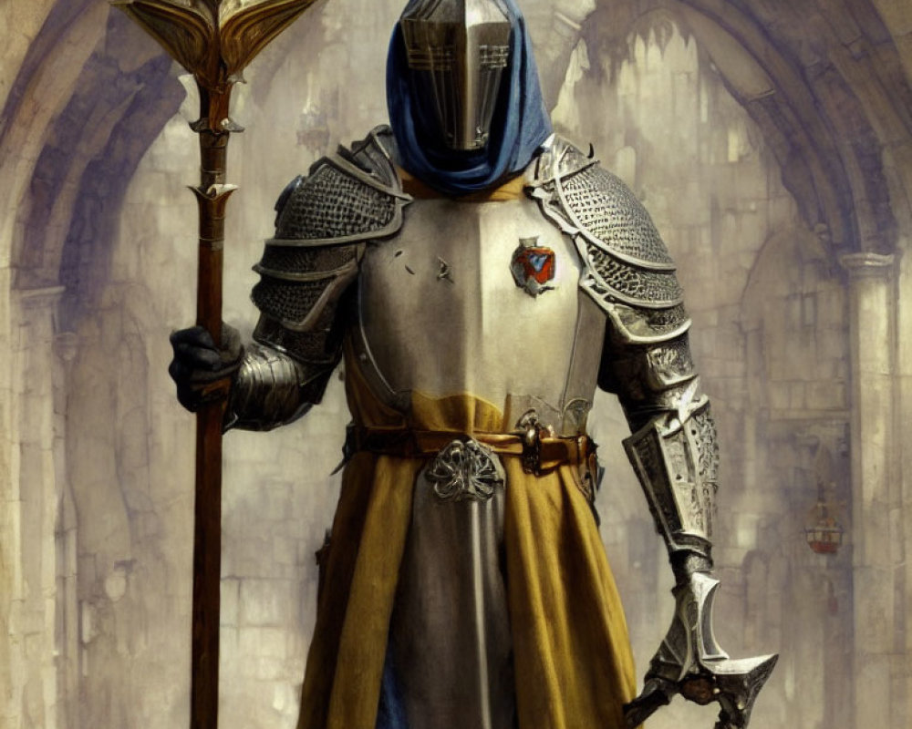 Medieval knight in ornate armor with halberd and blue hood.
