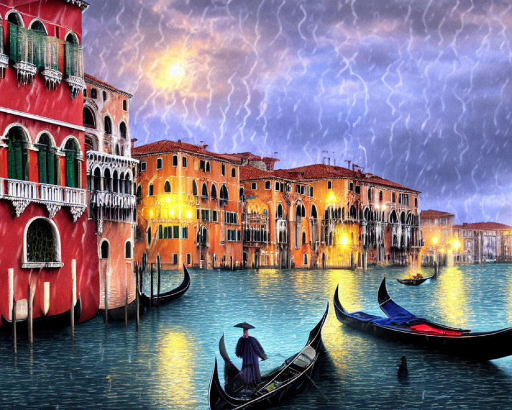 Colorful Venice Scene with Gondolier, Gondolas, and Stormy Sky