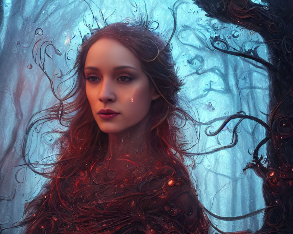 Mystical woman with flowing red hair in ethereal setting