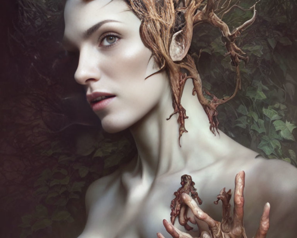 Fantastical woman with tree branch-like hair and hand in leafy backdrop