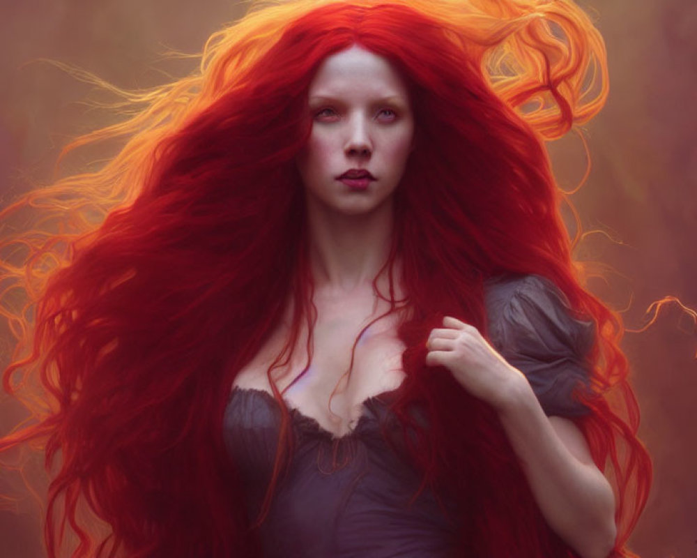 Digital portrait of woman with red hair and pale skin in mystical setting