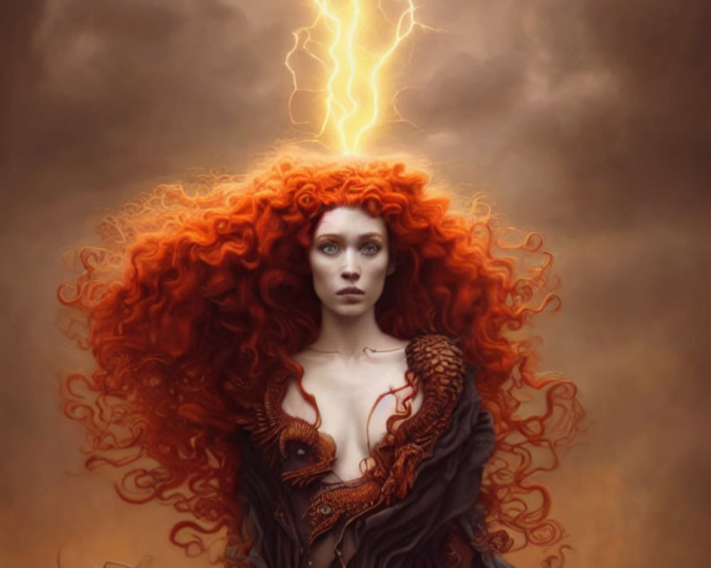 Curly Red-Haired Woman Stands Before Stormy Sky with Lightning