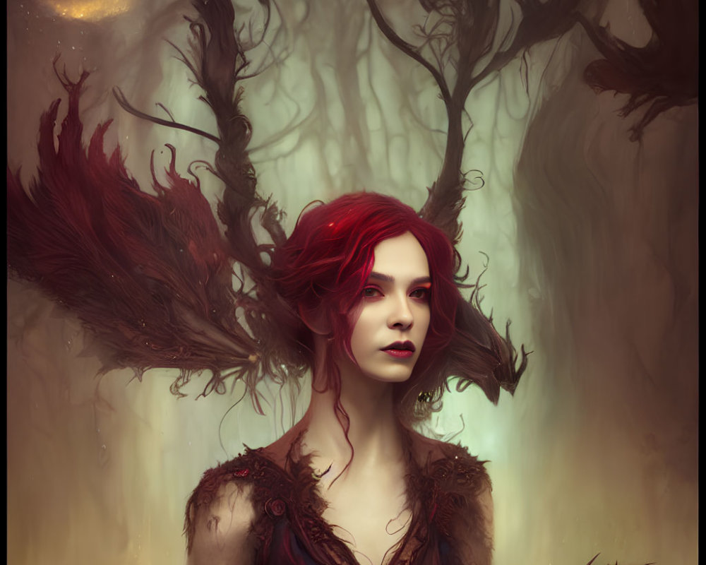 Vibrant red-haired woman in mystical forest with glowing ambiance