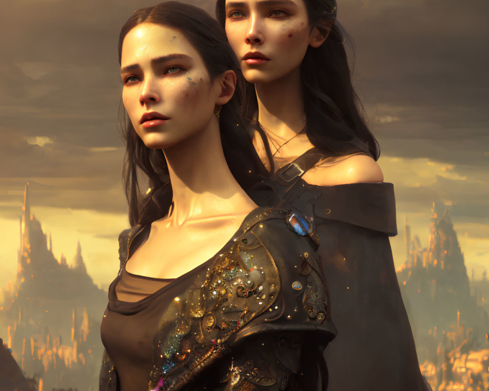 Two women in ornate armor against fantasy backdrop with dramatic sky and cityscape.