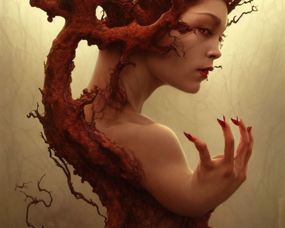 Woman with tree branch-like structures, red accents, in earth-toned backdrop
