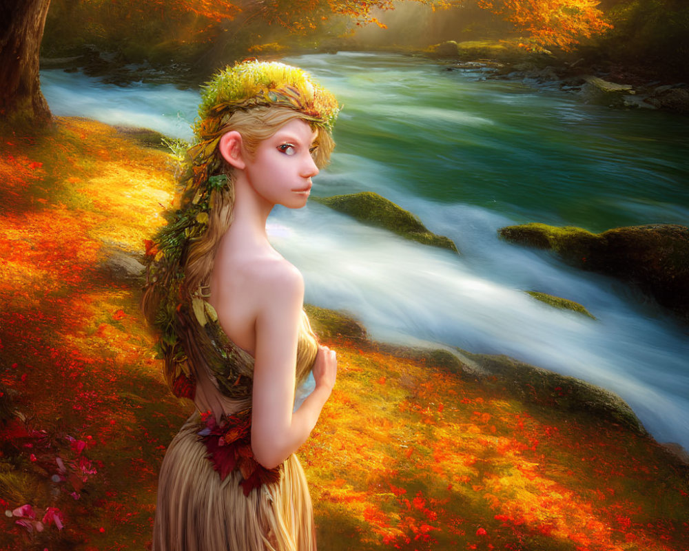 Fantasy figure with leaf crown in autumnal forest by stream
