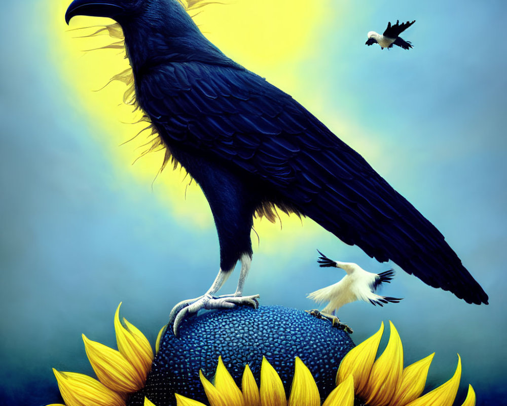 Raven on sunflower with flying birds under blue sky