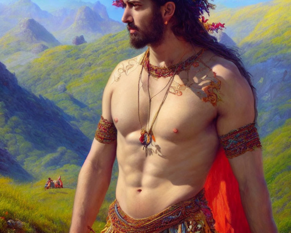 Digital painting of shirtless man with beard in flower crown, necklace, arm bands, in green landscape