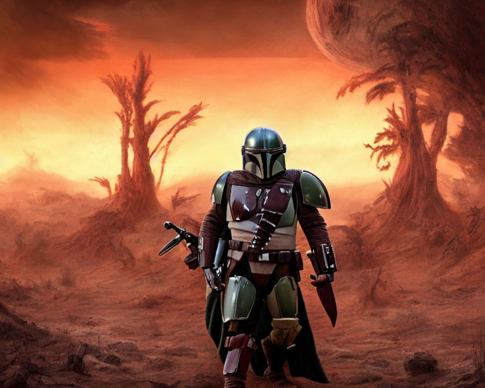 Mandalorian figure in green and maroon armor on desert planet