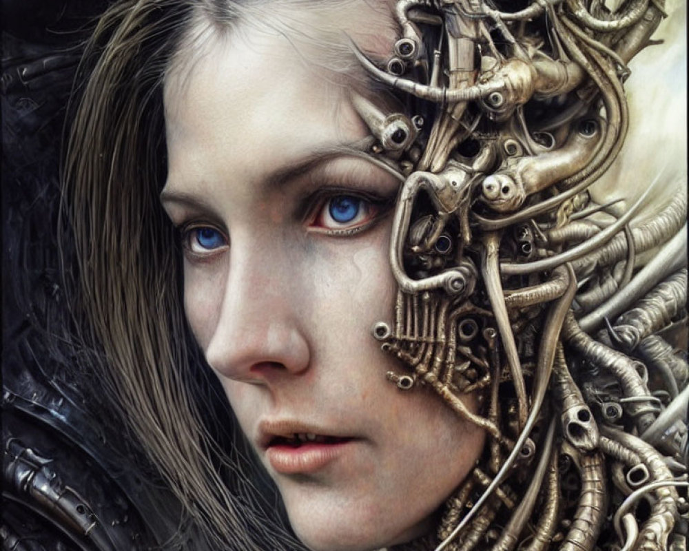 Hyper-realistic portrait of woman with intricate mechanical parts in hair creating cyborg look