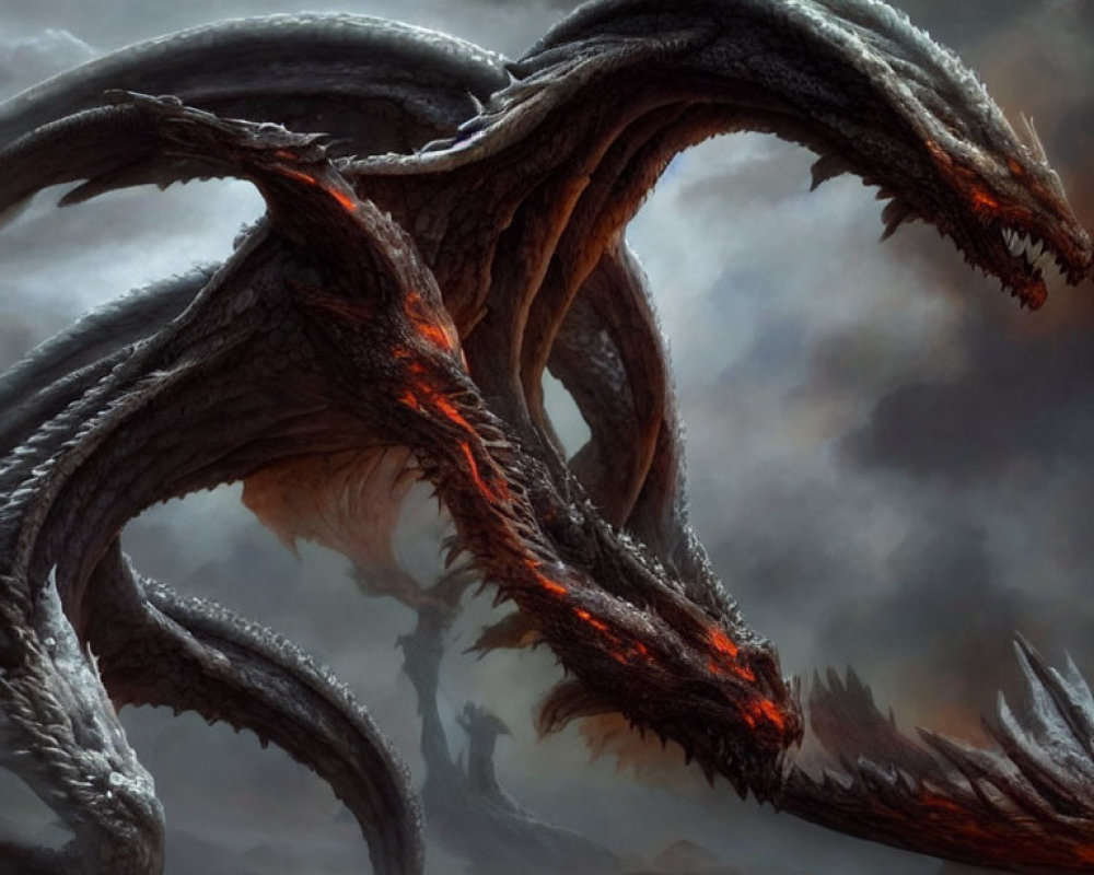 Dark two-headed dragon with glowing molten cracks in stormy sky