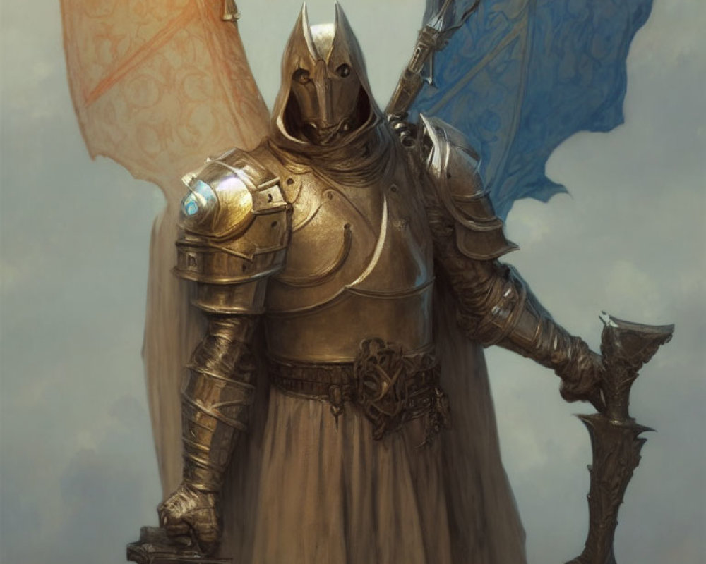 Ornate armored knight with mace and tattered banners under cloudy sky