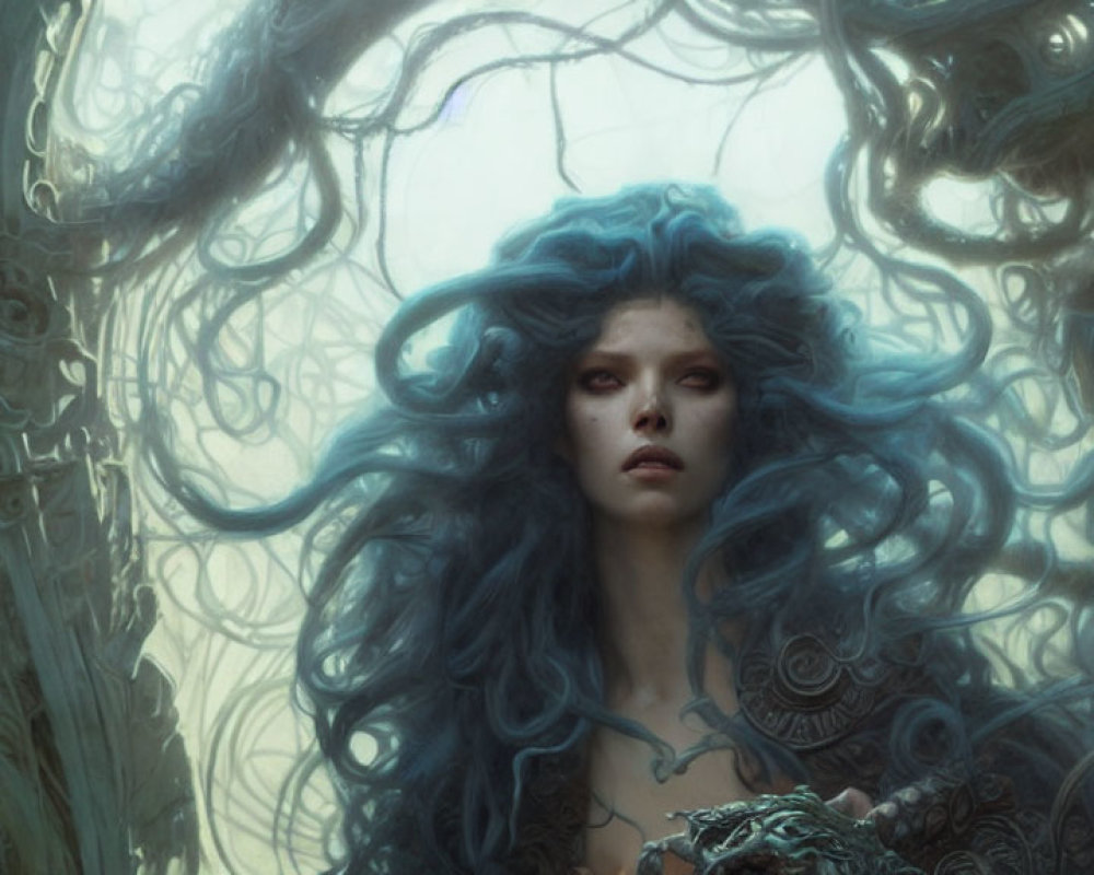 Mystical woman with voluminous blue hair in enchanted forest