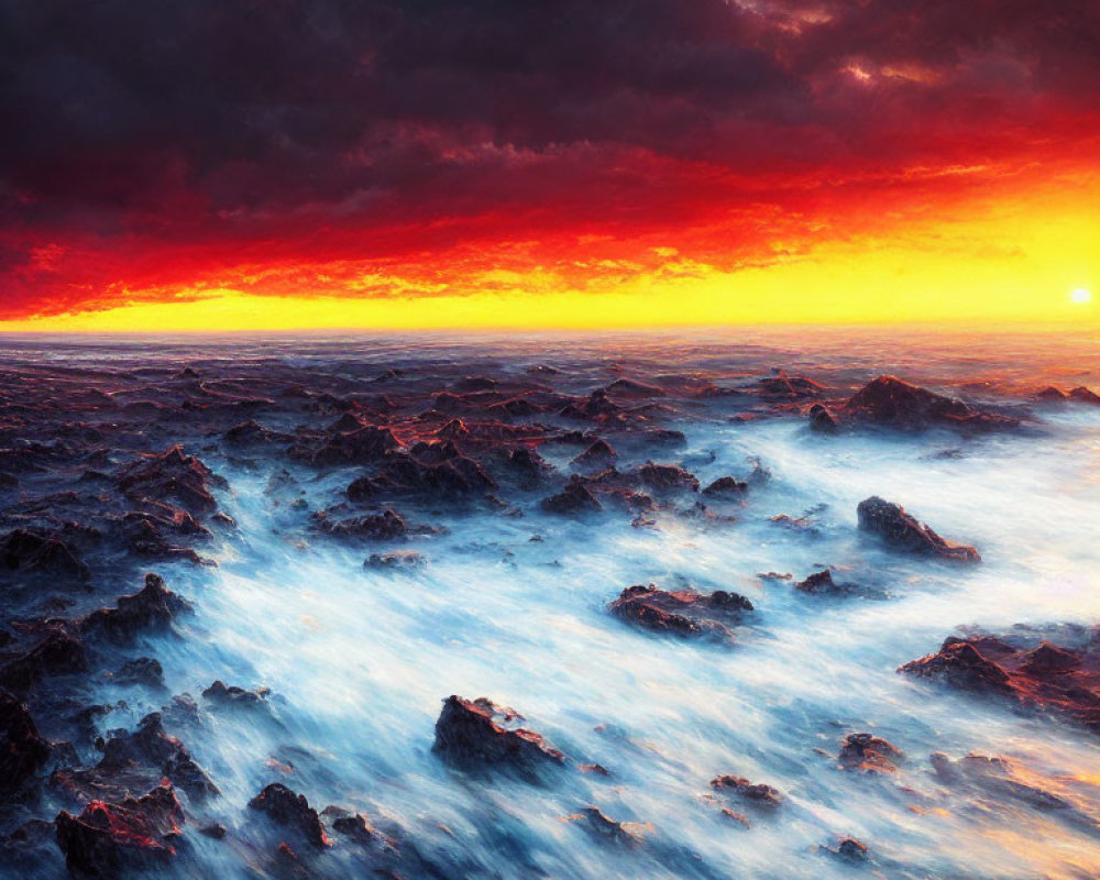 Fiery red skies over dark blue waves in dramatic ocean sunset