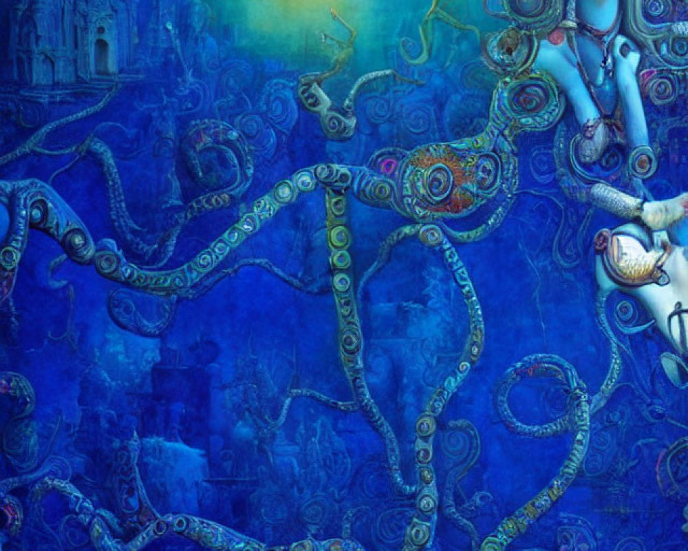 Surreal blue-toned painting of woman with octopus-like hair holding heart
