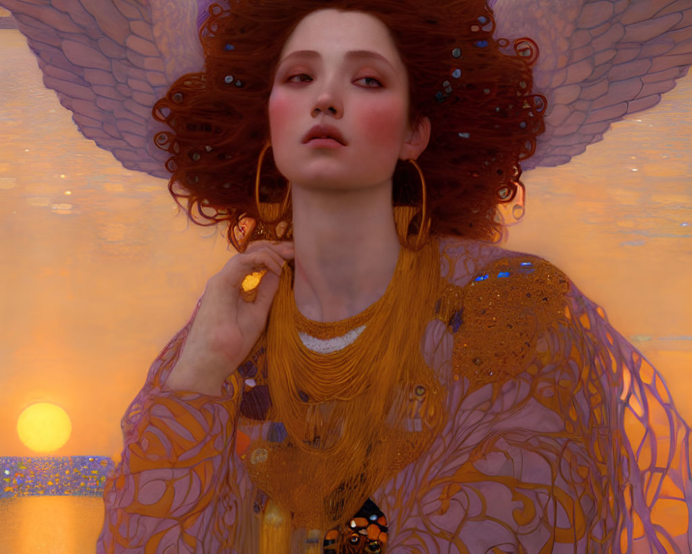 Digital artwork: Woman with angelic wings, red hair, gold jewelry, ornate gown in dawn