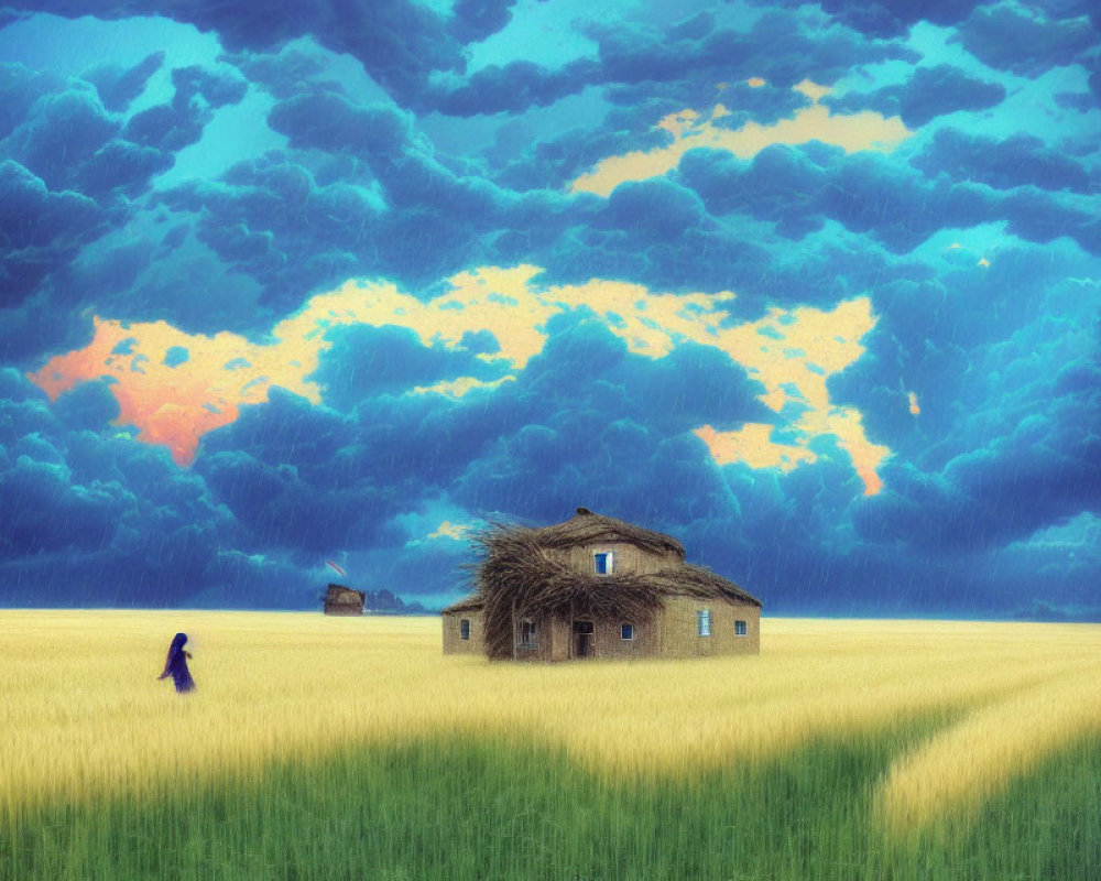 Person walking in wheat field to abandoned house under stormy sky