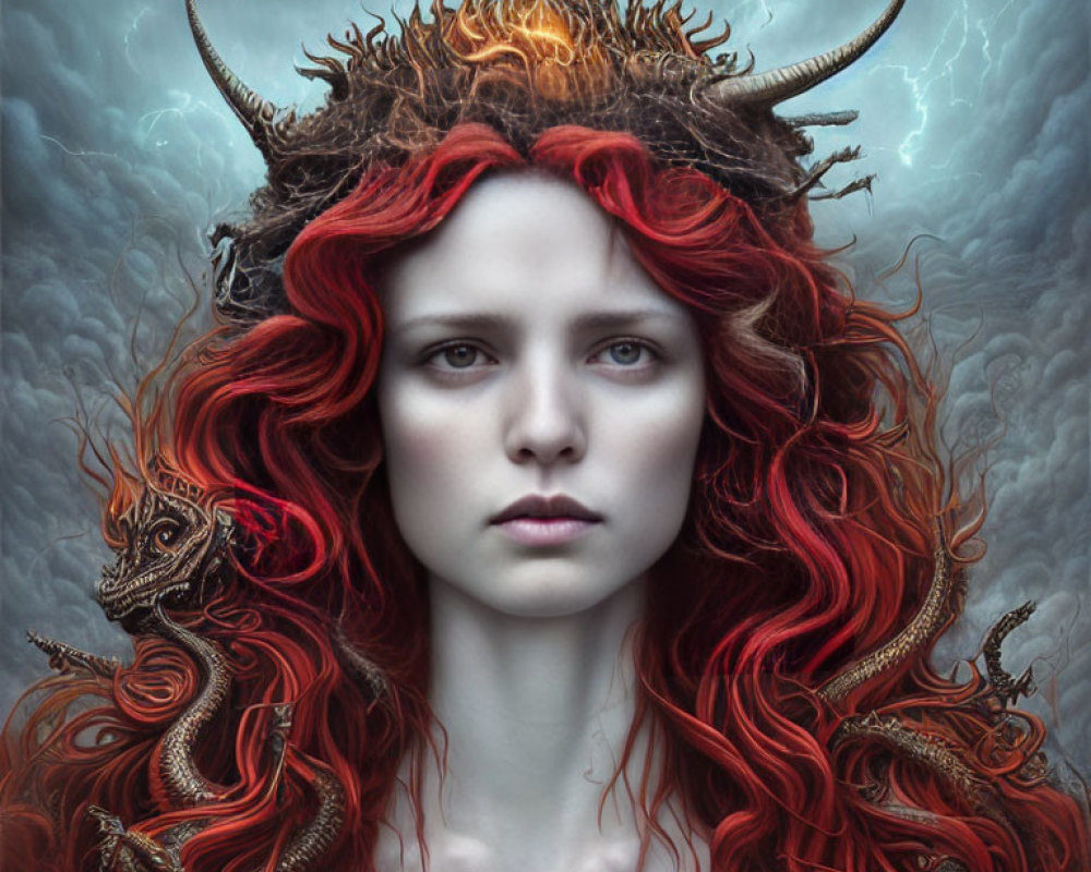 Pale woman with fiery red hair and horned crown beside dragon in stormy sky