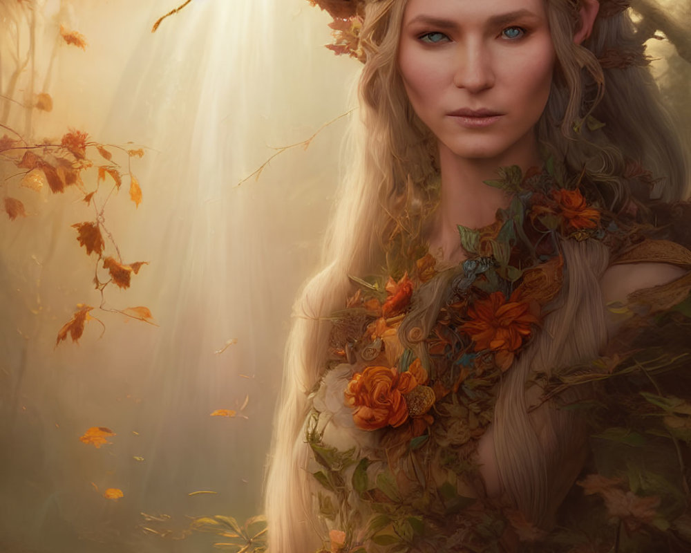 Mystical elf woman in golden-lit forest with autumn leaves