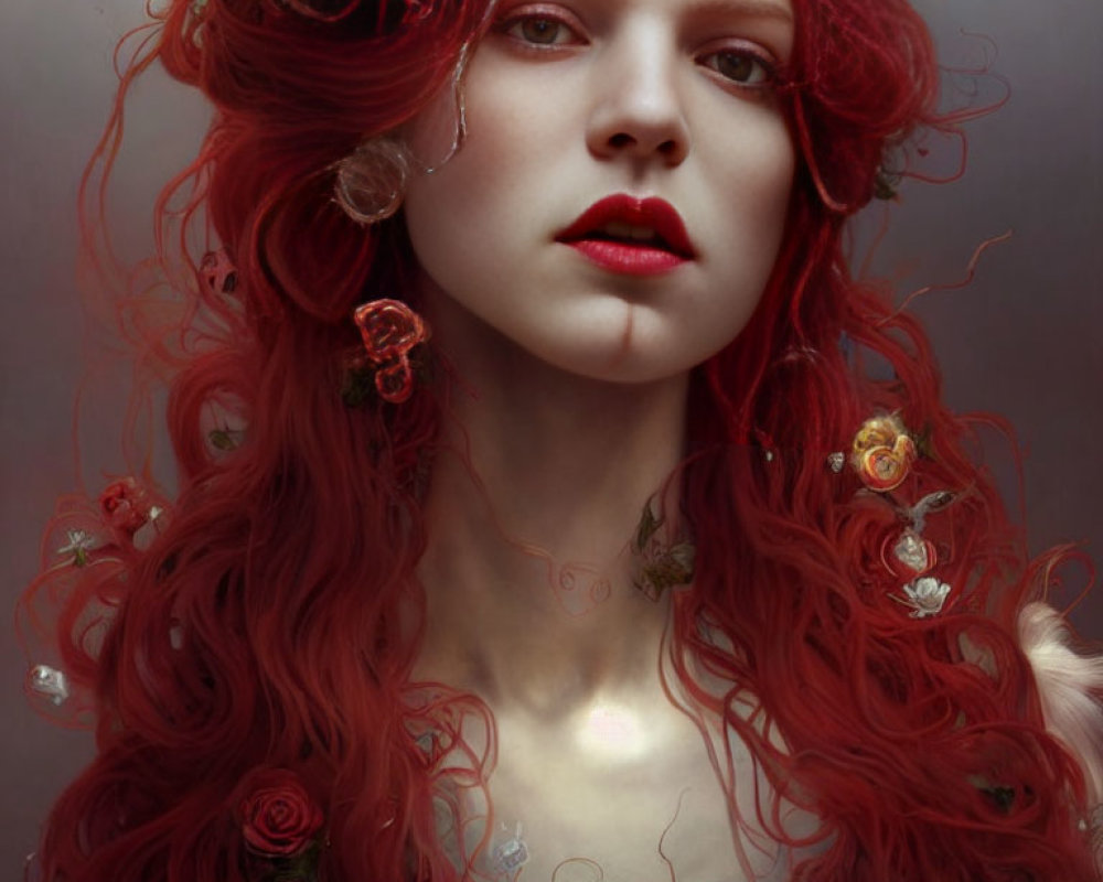 Person with Vivid Red Hair, Dark Roses, Crystals, Pale Skin, Red Lips, Cont