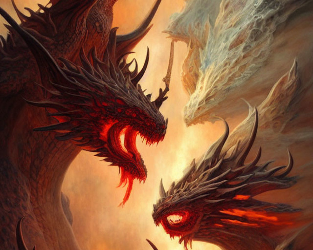 Three roaring dragons clash in fiery scene with swirling smoke.