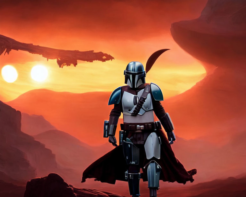 Armored figure on rocky outcrop under red sky with two suns and spaceship.