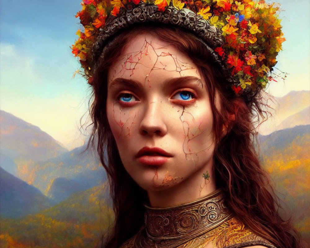 Blue-eyed woman with floral crown poses in front of mountain range with vine-like skin markings