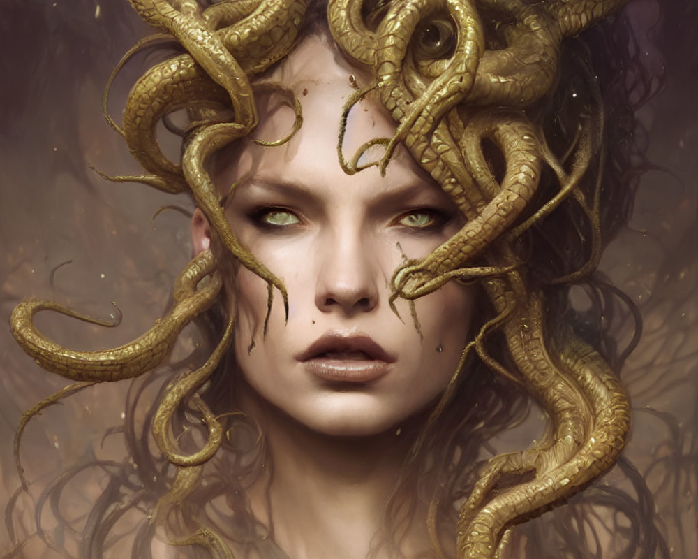Woman with snake-like features and live serpents in hair, reminiscent of Medusa, with intense