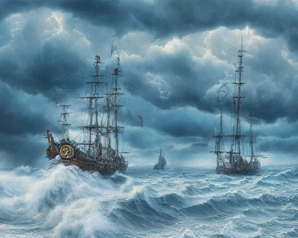 Tall Ships Sailing in Stormy Ocean Scene